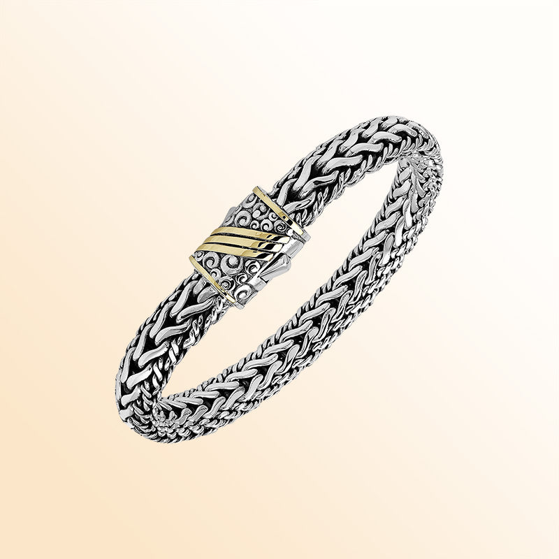 Handcrafted Sterling Silver & 18K Gold Bali Wheat Bracelet With Swirl Engraved Dual-Tone Clasp And Artisan Styling