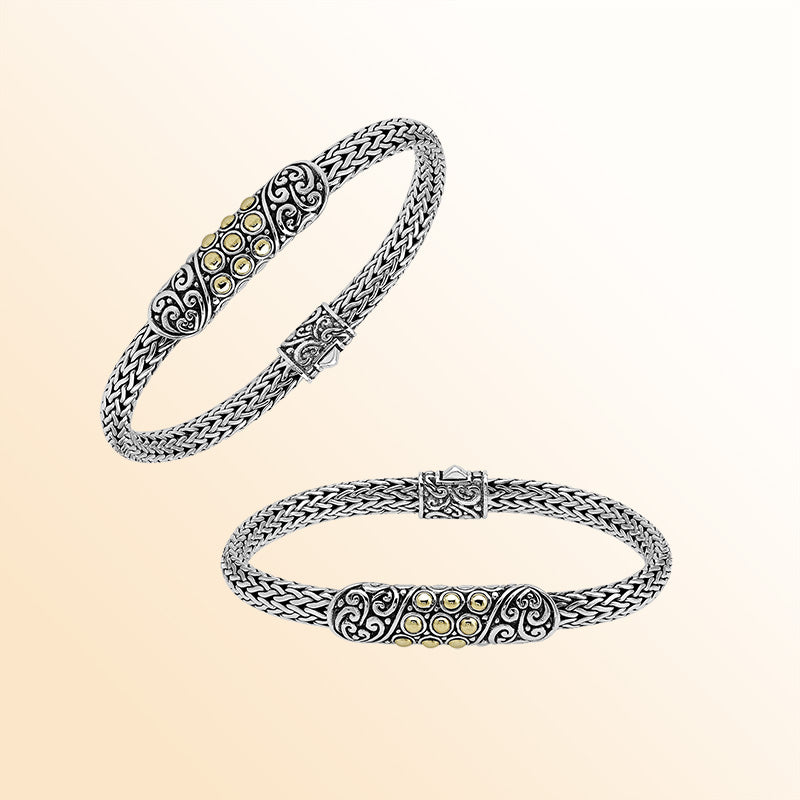 Handcrafted Sterling Silver & 18K Gold Bali Wheat Bracelet With Gold-Dot Artisan Centerpiece And Scrollwork Detailing