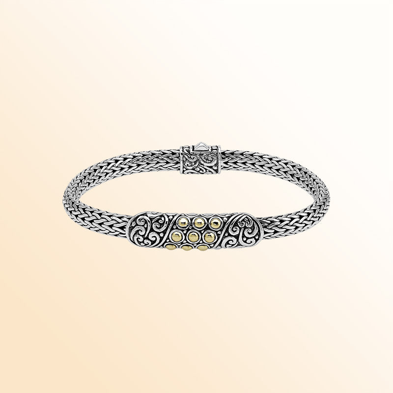 Handcrafted Sterling Silver & 18K Gold Bali Wheat Bracelet With Gold-Dot Artisan Centerpiece And Scrollwork Detailing