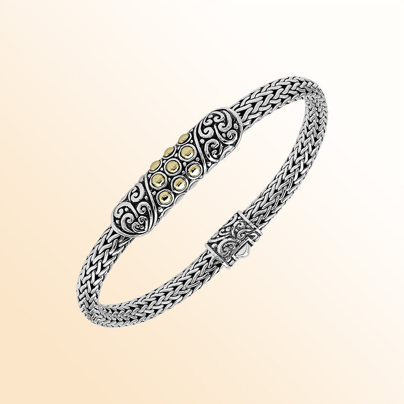 Handcrafted Sterling Silver & 18K Gold Bali Wheat Bracelet With Gold-Dot Artisan Centerpiece And Scrollwork Detailing