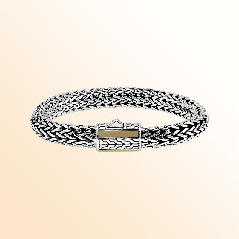 Handcrafted Sterling Silver & 18K Gold Bali Wheat Bracelet With Geometric Dual-Tone Clasp And Artisan Weave