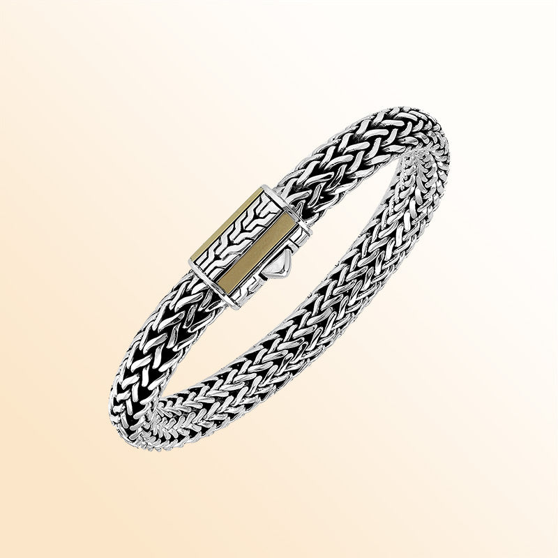 Handcrafted Sterling Silver & 18K Gold Bali Wheat Bracelet With Geometric Dual-Tone Clasp And Artisan Weave