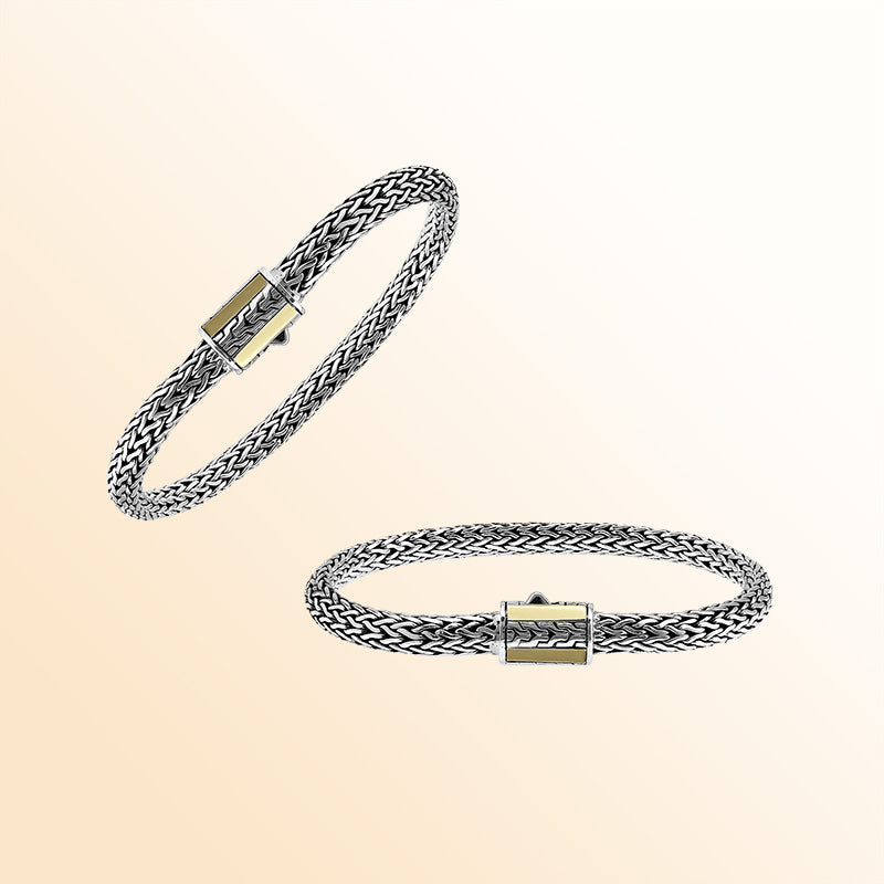 Handcrafted Sterling Silver & 18K Gold Bali Wheat Bracelet With Minimalist Dual-Tone Geometric Clasp