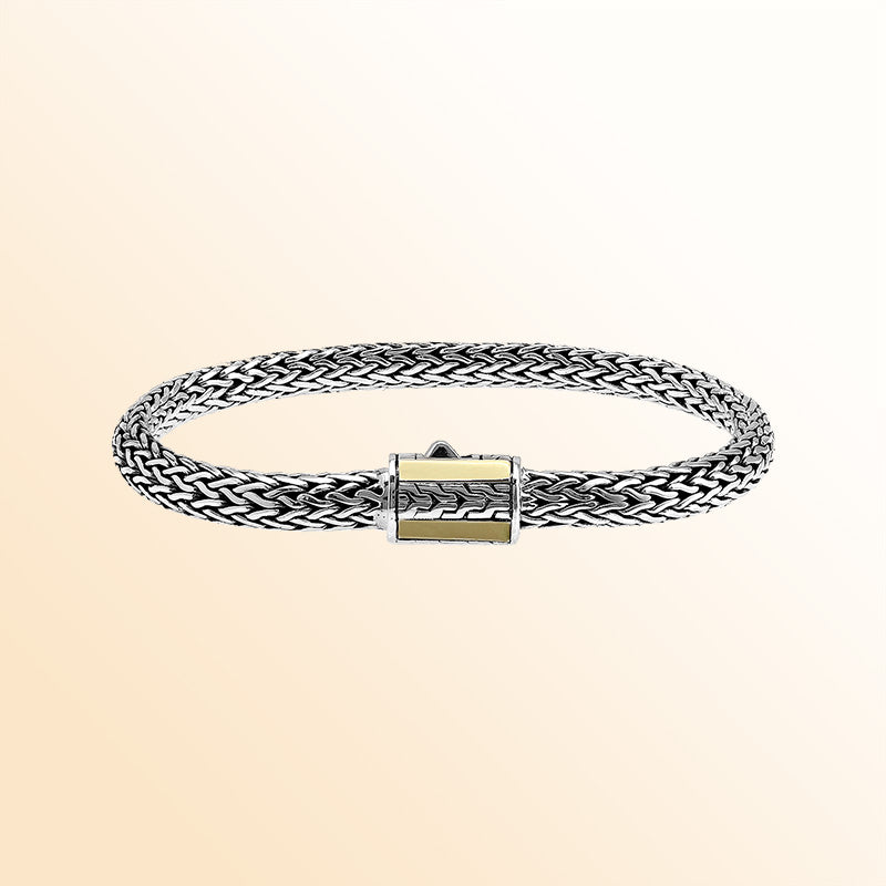 Handcrafted Sterling Silver & 18K Gold Bali Wheat Bracelet With Minimalist Dual-Tone Geometric Clasp