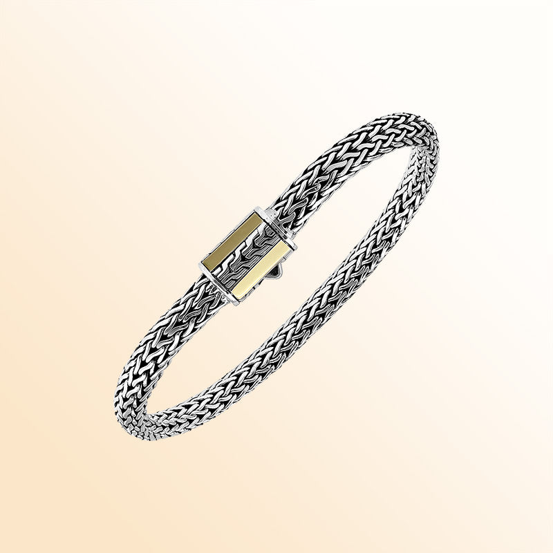 Handcrafted Sterling Silver & 18K Gold Bali Wheat Bracelet With Minimalist Dual-Tone Geometric Clasp