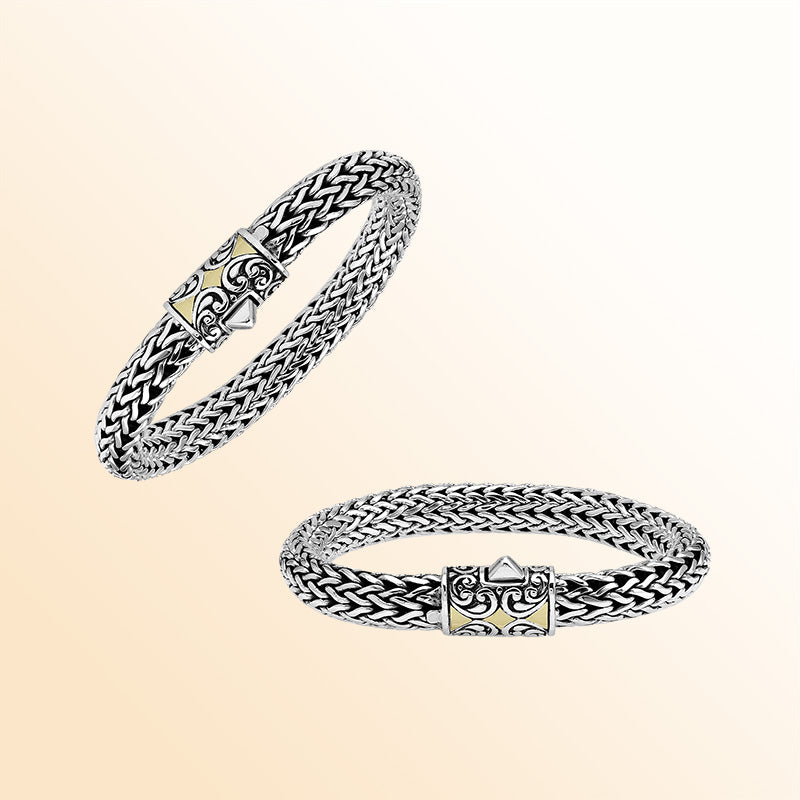 Handcrafted Sterling Silver & 18K Gold Bali Wheat Bracelet With Swirl Pattern Dual-Tone Clasp And Artisan Scrollwork