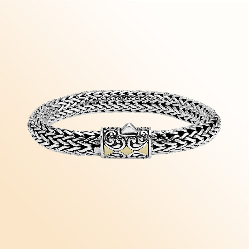 Handcrafted Sterling Silver & 18K Gold Bali Wheat Bracelet With Swirl Pattern Dual-Tone Clasp And Artisan Scrollwork