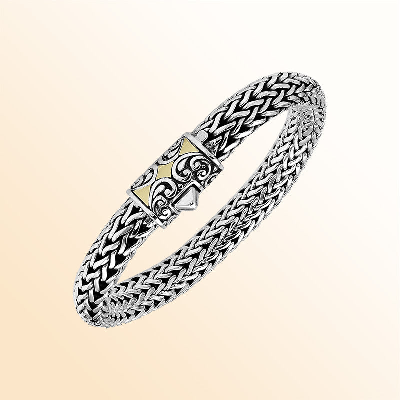 Handcrafted Sterling Silver & 18K Gold Bali Wheat Bracelet With Swirl Pattern Dual-Tone Clasp And Artisan Scrollwork