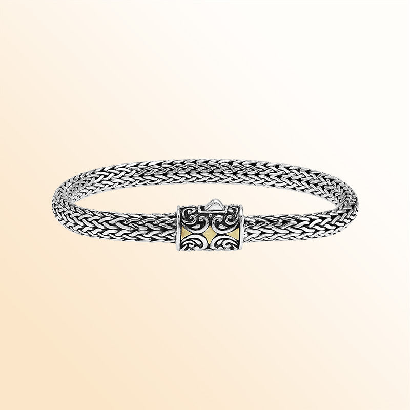 Handcrafted Sterling Silver & 18K Gold Bali Wheat Bracelet With Swirl Engraved Dual-Tone Artisan Clasp