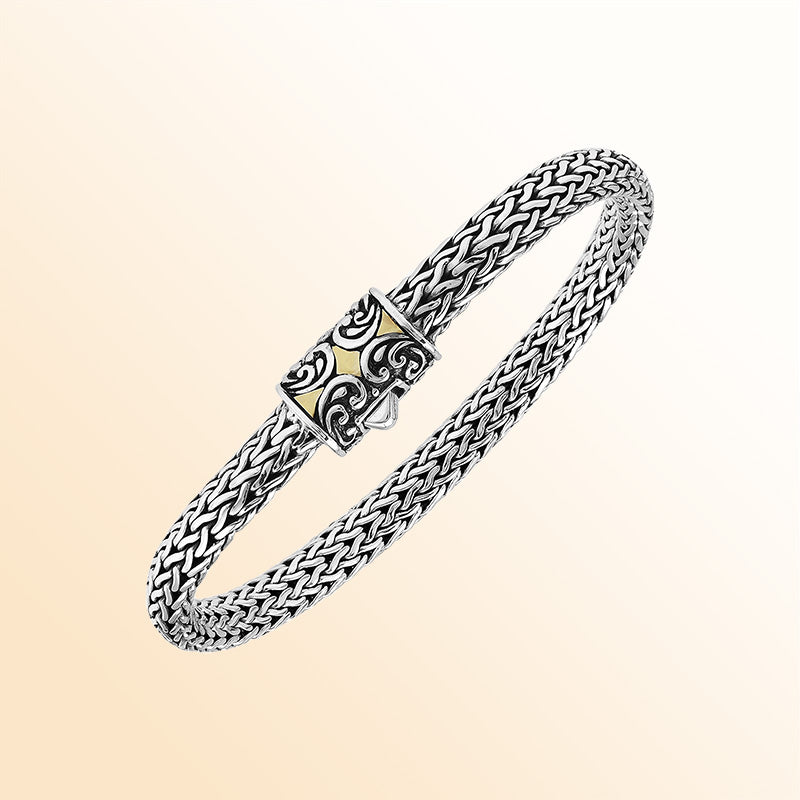 Handcrafted Sterling Silver & 18K Gold Bali Wheat Bracelet With Swirl Engraved Dual-Tone Artisan Clasp