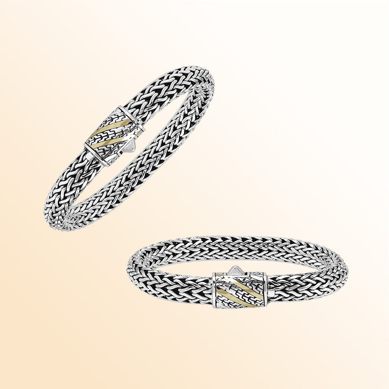 Handcrafted Sterling Silver & 18K Gold Bali Wheat Bracelet With Chevron Pattern Dual-Tone Artisan Clasp