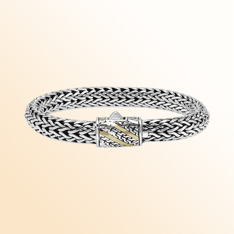 Handcrafted Sterling Silver & 18K Gold Bali Wheat Bracelet With Chevron Pattern Dual-Tone Artisan Clasp