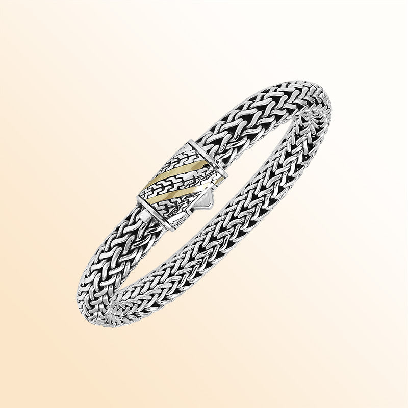 Handcrafted Sterling Silver & 18K Gold Bali Wheat Bracelet With Chevron Pattern Dual-Tone Artisan Clasp