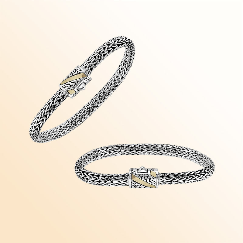Handcrafted Sterling Silver & 18K Gold Bali Wheat Bracelet With Angled Stripe Dual-Tone Geometric Clasp