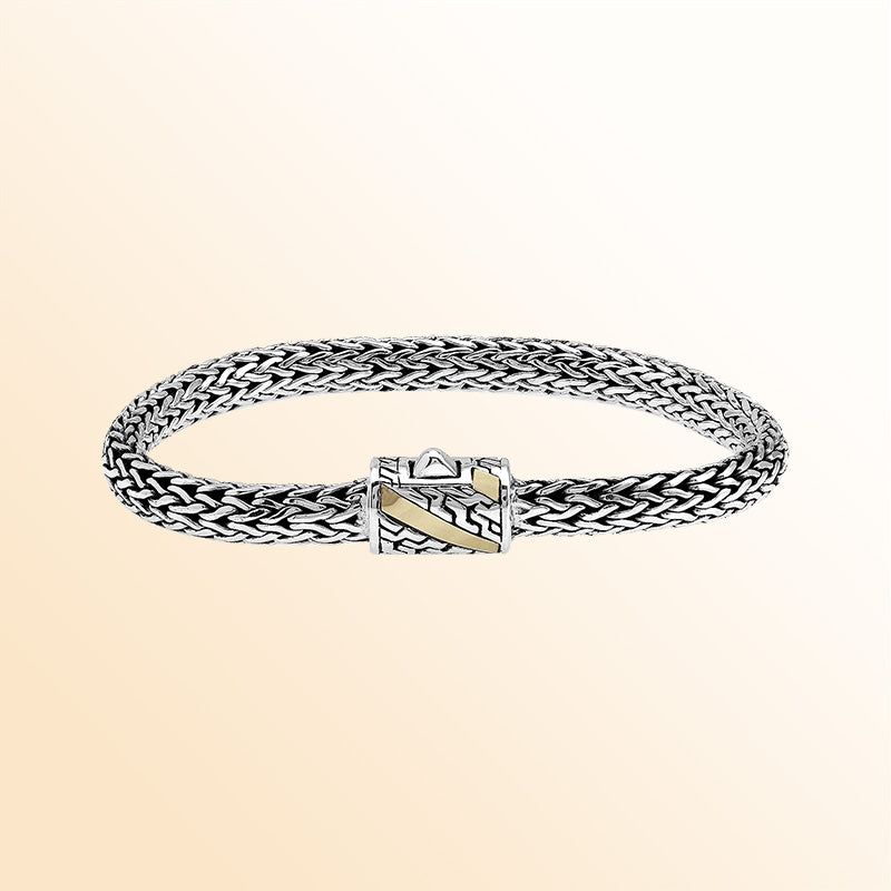 Handcrafted Sterling Silver & 18K Gold Bali Wheat Bracelet With Angled Stripe Dual-Tone Geometric Clasp