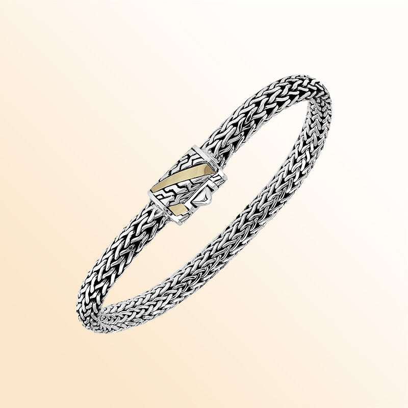 Handcrafted Sterling Silver & 18K Gold Bali Wheat Bracelet With Angled Stripe Dual-Tone Geometric Clasp