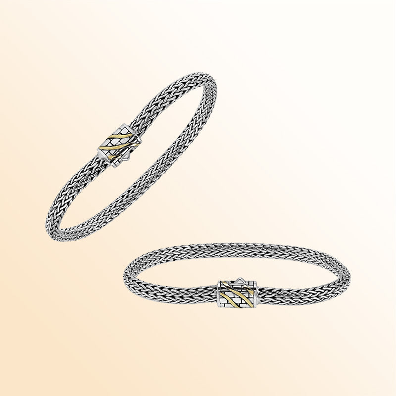 Handcrafted Sterling Silver & 18K Gold Bali Wheat Bracelet With Brick Pattern Clasp And Angled Dual-Tone Inlay