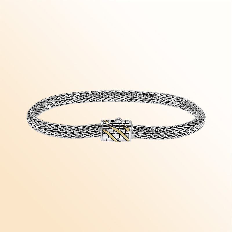 Handcrafted Sterling Silver & 18K Gold Bali Wheat Bracelet With Brick Pattern Clasp And Angled Dual-Tone Inlay