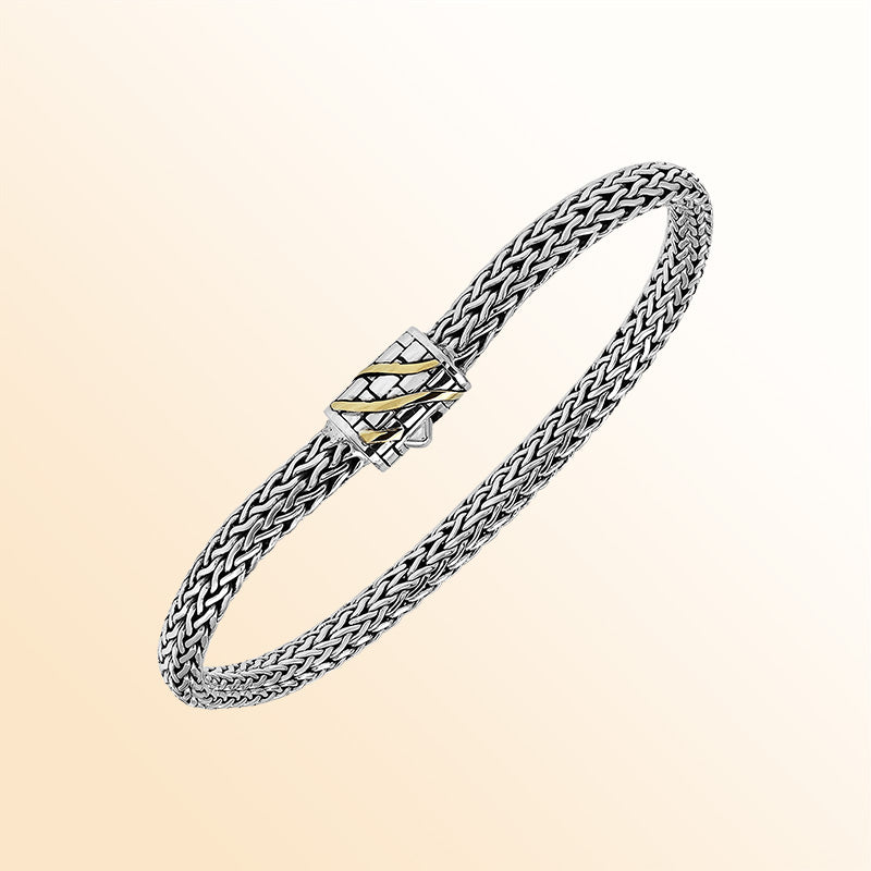 Handcrafted Sterling Silver & 18K Gold Bali Wheat Bracelet With Brick Pattern Clasp And Angled Dual-Tone Inlay