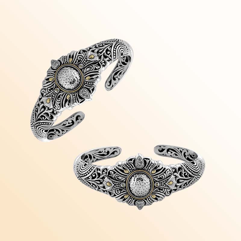 Handcrafted Sterling Silver With 18K Gold Balinese Diamond Cuff Bracelet Featuring Hammered Center And Ornate Detailing