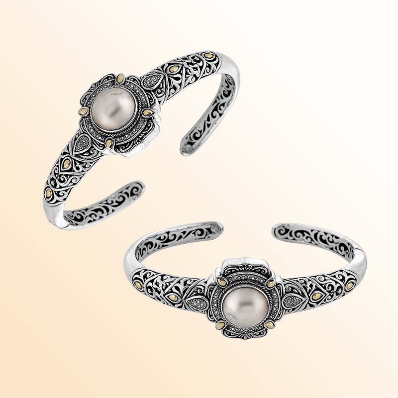 Handcrafted Sterling Silver With 18K Gold Balinese Cuff Bracelet Featuring Mabe Pearl Center And Diamond Accents
