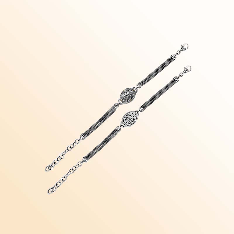 Sterling Silver With 18K Gold Bracelet With Filigree Cut-Out And Carved Marquise Panels