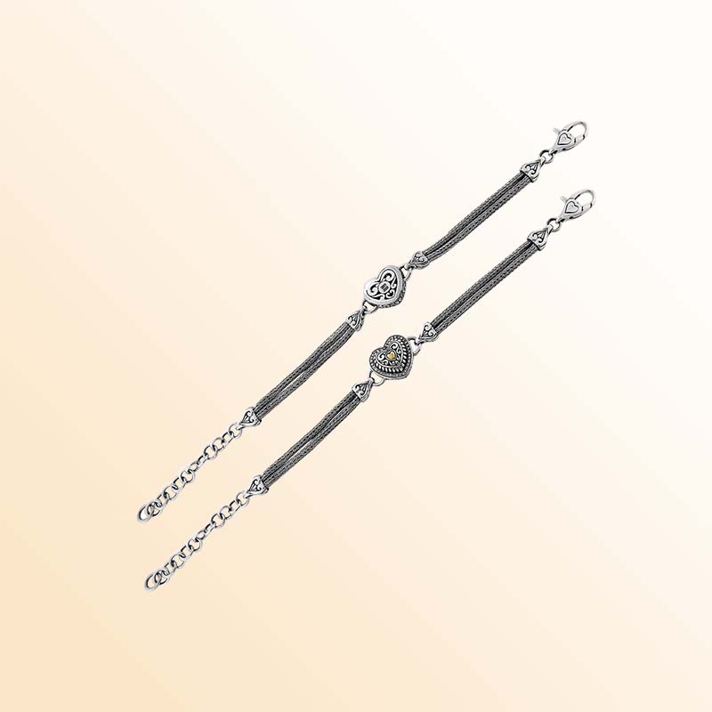 Sterling Silver Bracelet With 18K Gold Diamond Filigree Heart And Carved Heart Panels