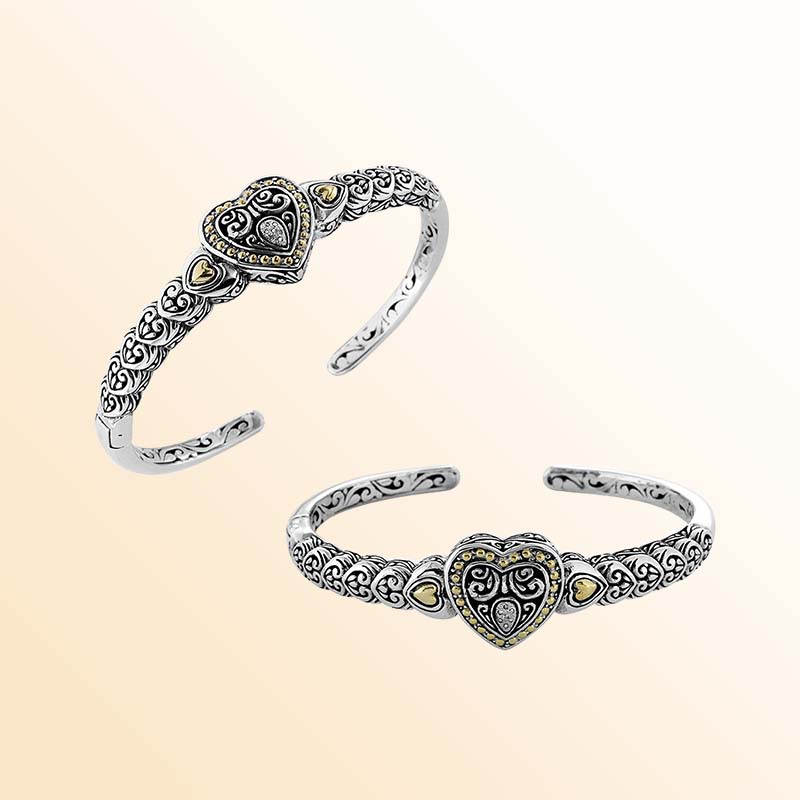 Sterling Silver With 18K Gold Diamond Carved Heart Balinese Cuff Bracelet