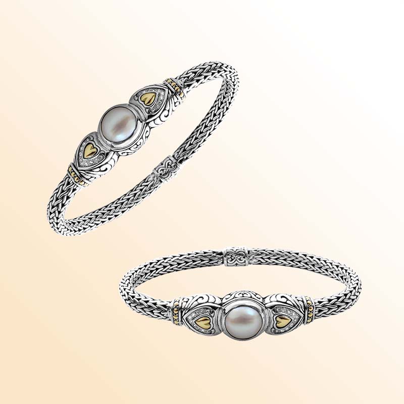 Sterling Silver With 18K Gold Pearl Woven-Chain Bracelet With Heart Accents