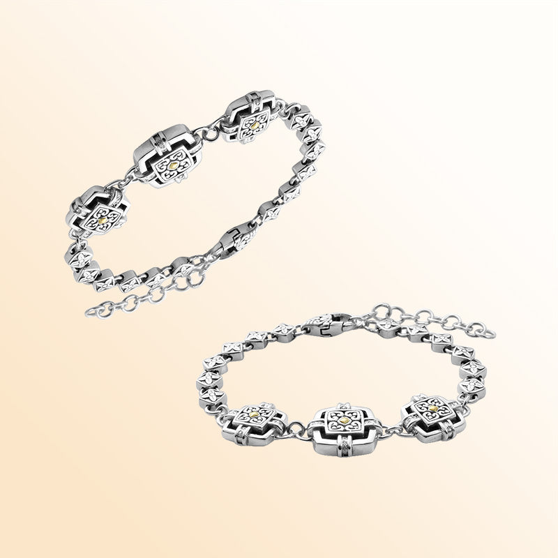 Sterling Silver With 18K Gold Diamond Square Floral-Link Balinese Bracelet