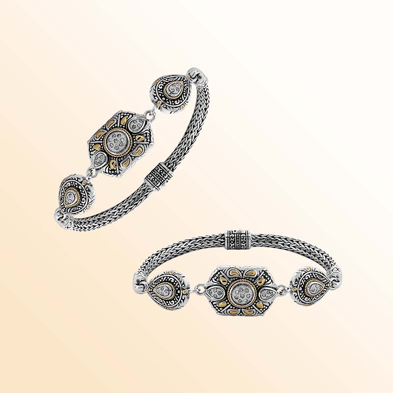 Sterling Silver With 18K Gold Diamond Mandala Floral Teardrop Balinese Bracelet