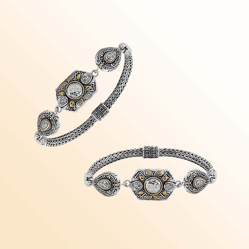 Sterling Silver With 18K Gold Diamond Mandala Floral Teardrop Balinese Bracelet