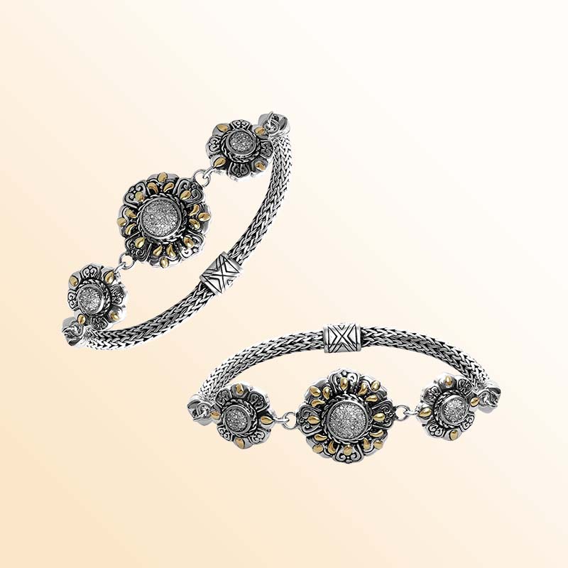 Sterling Silver With 18K Gold Diamond Sunburst Mandala Floral Balinese Cuff Bracelet