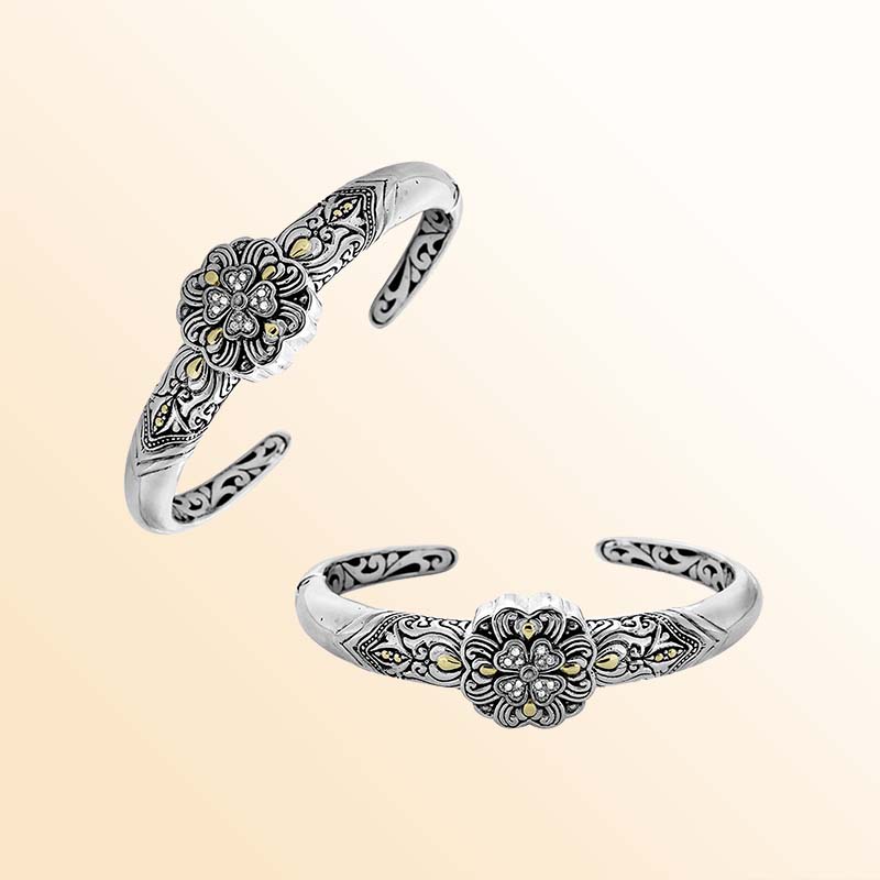 Sterling Silver With 18K Gold Diamond Floral Mandala Balinese Engraved Cuff Bracelet
