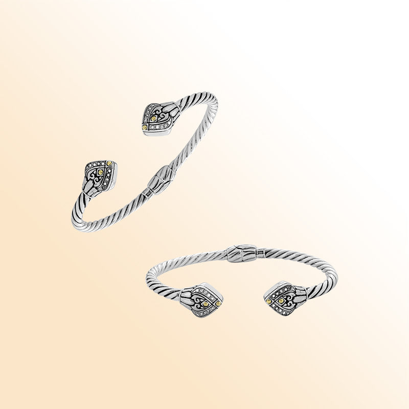 Sterling Silver With 18K Gold Diamond Double Heart Balinese Cable Cuff Bracelet
