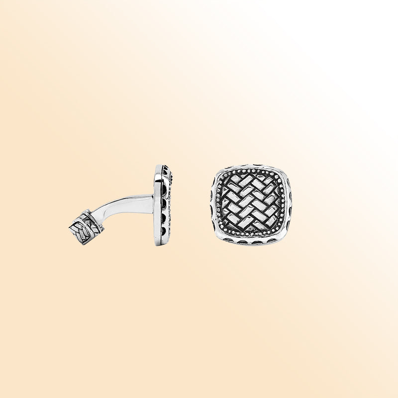 Sterling silver square cufflinks with Bali weave pattern and dotted border – artisan men’s jewelry for weddings, business, and formal wear.