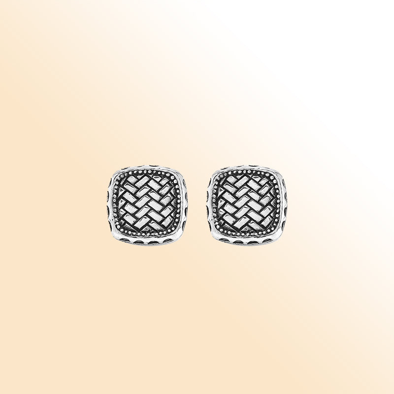 Sterling silver square cufflinks with Bali weave pattern and dotted border – artisan men’s jewelry for weddings, business, and formal wear.