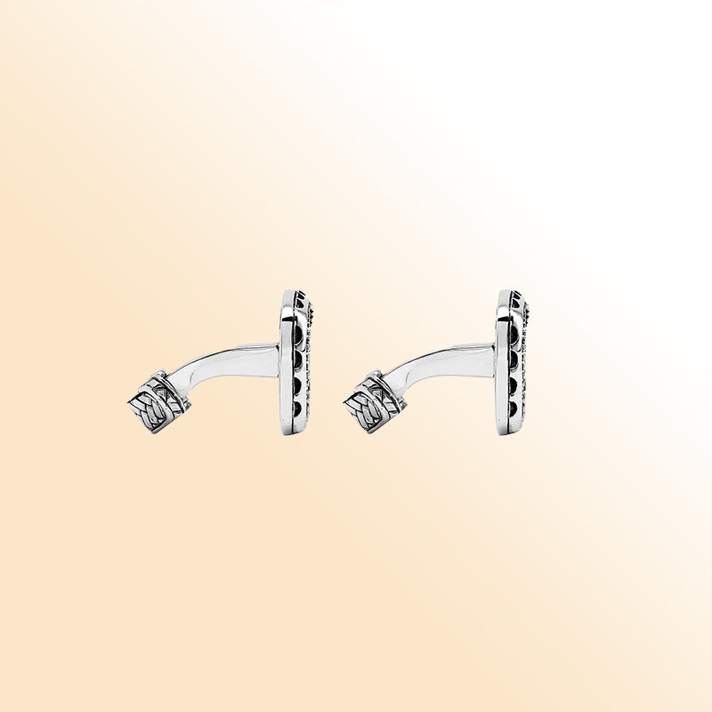 Sterling silver square cufflinks with Bali weave pattern and dotted border – artisan men’s jewelry for weddings, business, and formal wear.