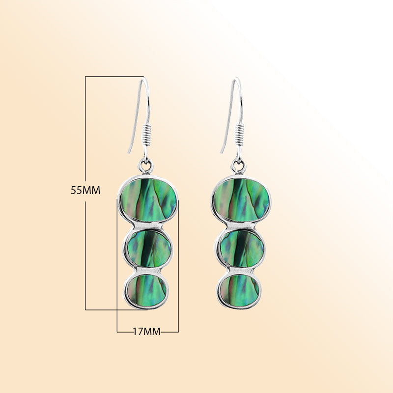 Sterling silver abalone shell earrings with triple round drop design, handcrafted in Bali
