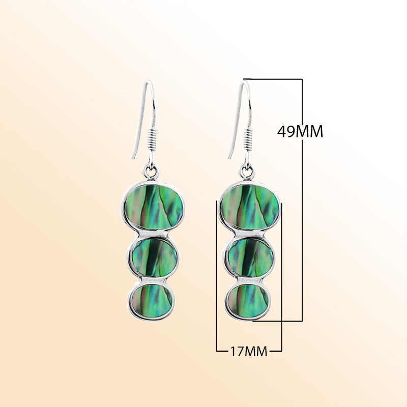 Sterling silver abalone shell earrings with triple round drop design, handcrafted in Bali
