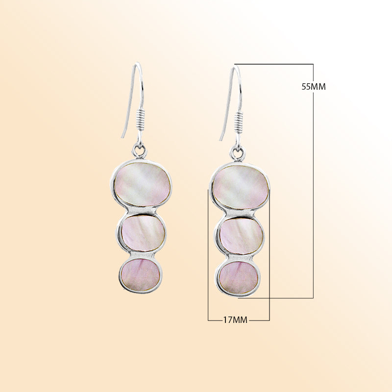Sterling silver mother of pearl earrings with triple round drop design, handcrafted in Bali