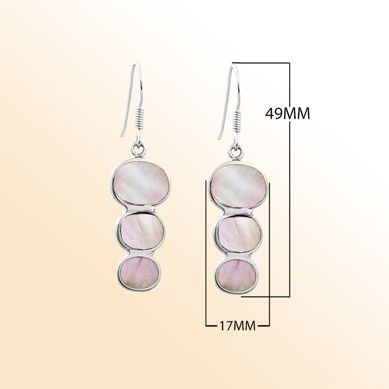 Sterling silver mother of pearl earrings with triple round drop design, handcrafted in Bali