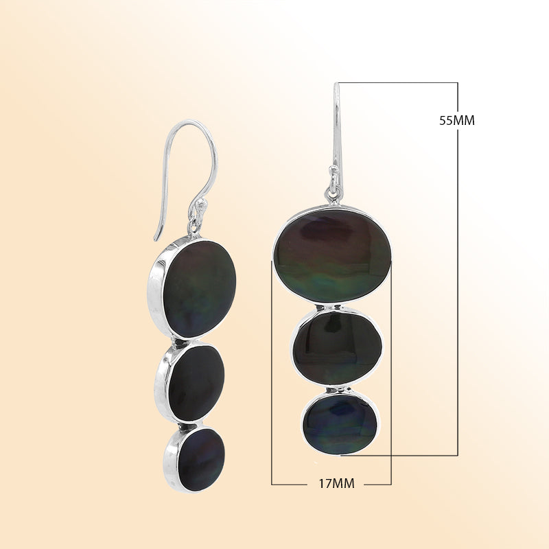Sterling silver black shell earrings with triple round drop design, handcrafted in Bali