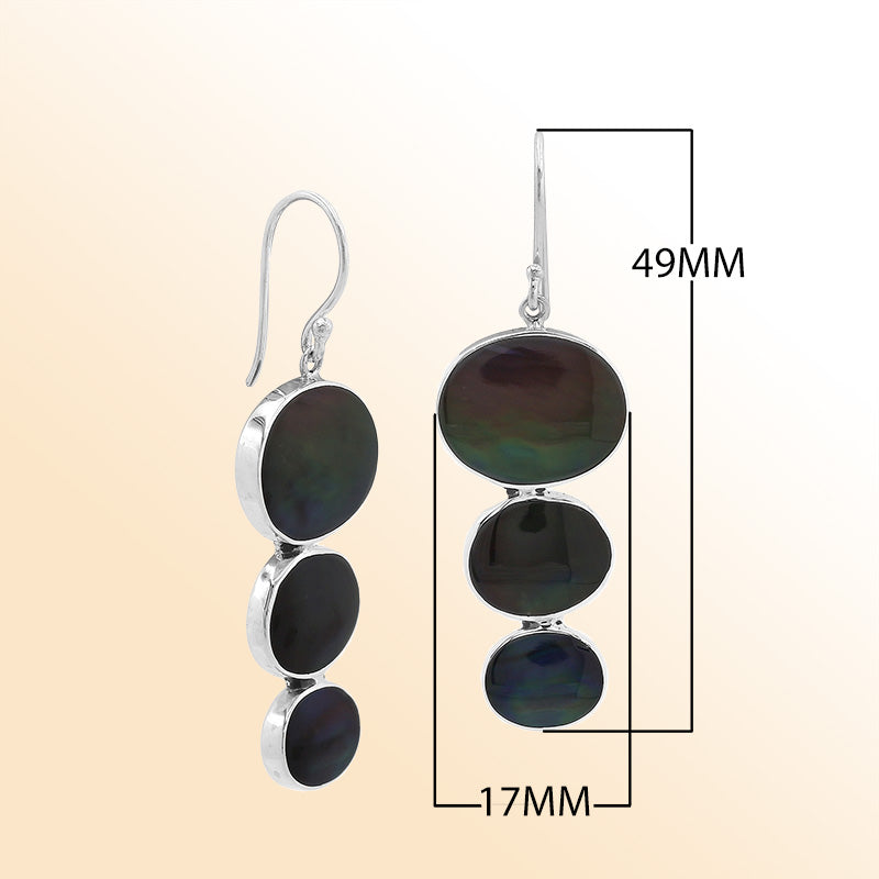 Sterling silver black shell earrings with triple round drop design, handcrafted in Bali
