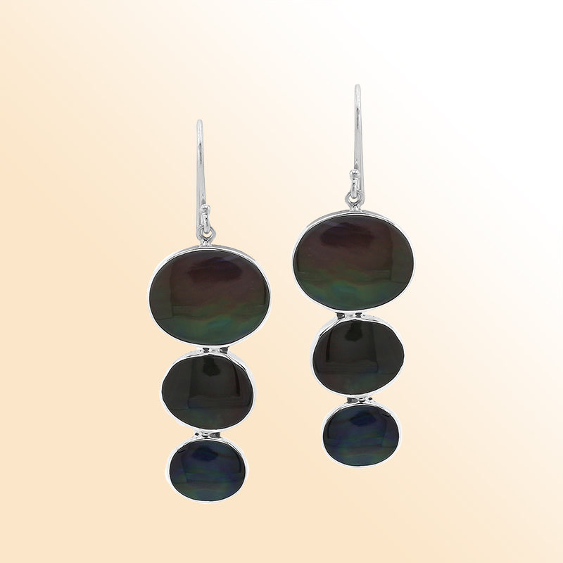 Sterling silver black shell earrings with triple round drop design, handcrafted in Bali