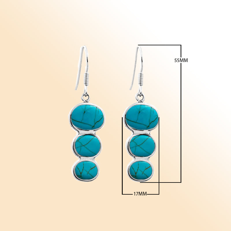Sterling silver turquoise shell earrings with triple round drop design, handcrafted in Bali