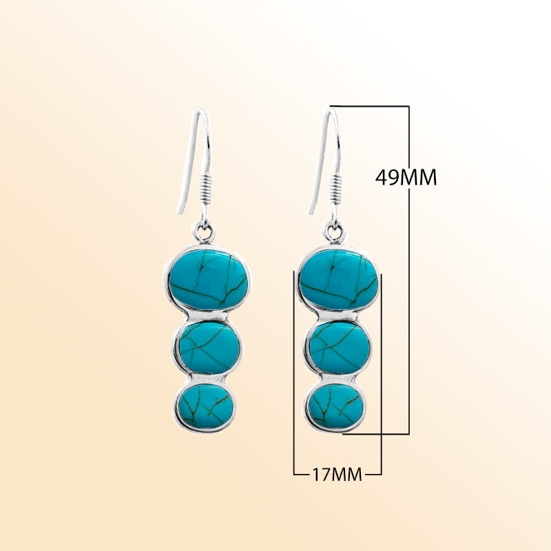 Sterling silver turquoise shell earrings with triple round drop design, handcrafted in Bali