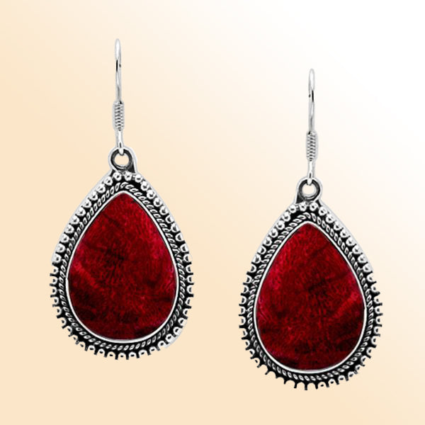 Sterling Silver Hand Crafted Pear Shape Earring With Red Coral Jewelry Bali Designs Inc 