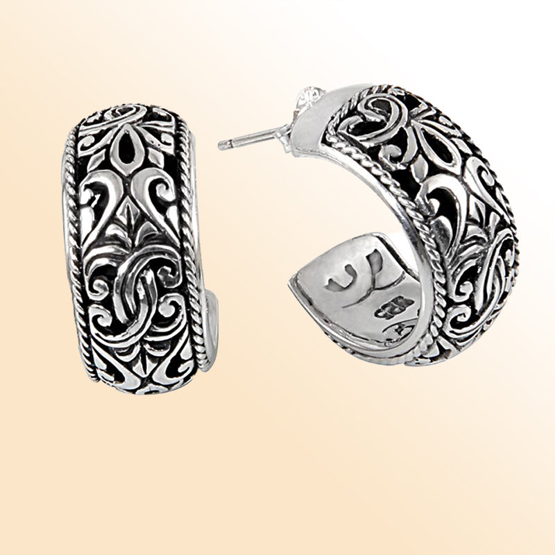 Sterling silver Bali hoop earrings with detailed scrollwork and oxidized accents, handcrafted artisan jewelry for women, perfect for everyday wear or special occasions.