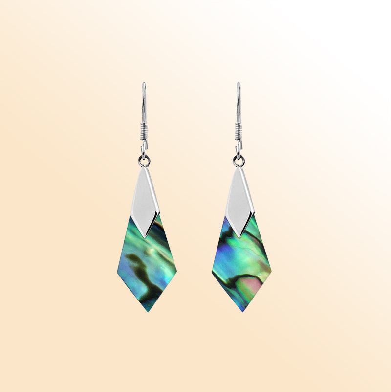 Sterling silver Abalone shell drop earrings in a modern geometric design, featuring shimmering blue-green iridescence and handcrafted artisan silver.
